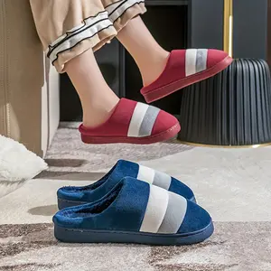 Men's & Women's Heavy-Duty Plush Slippers - Thick Non-Slip TPR Sole Indoor House Shoes with Multi-Color Options (Navy/Red/Black/White/Grey/Blue) - Soft Plush Striped Design with White Stripe & Arch - Cozy Winter Slippers for Christmas Gifts,