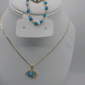 14k Gold Plated Necklace Sets with Ring Featuring Blue Eye Design and Matching Earrings