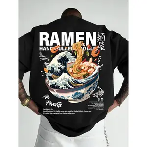 Men's Casual Streetwear T-Shirt with Trendy Japanese Waves & Ramen Print in American Style Menswear Top Crewneck Tshirt
