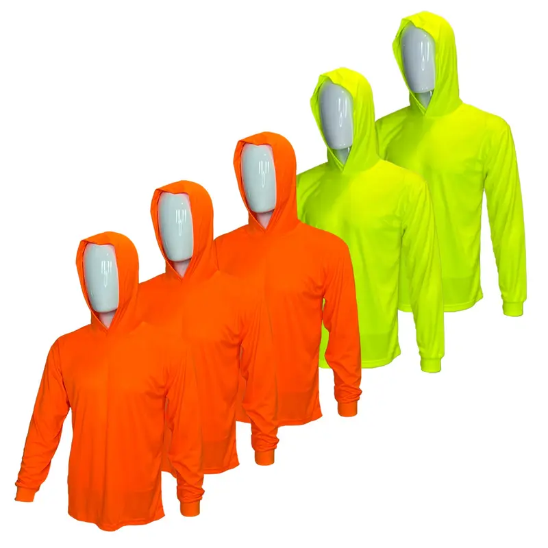 5 SHIRT PACK Hi Vis Long Sleeve Safety Shirt With Hoodie, Quick Dry Polyester Birdeye mesh / Ultra lightweight hoodie  shirt Reflective Thin Pullover Long sleeves ( 5 SHIRTS PER ORDER)