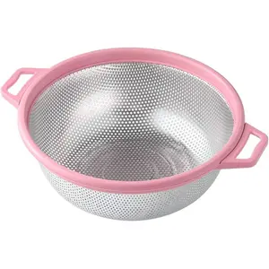 Stainless Steel Colander With Handle and , Large Metal Pink Strainer for Pasta, Spaghetti, Berry, Veggies, Fruits, Noodles, Salads, 5-quart 10.5" Kitchen Mesh Colander, Dishwasher Safe