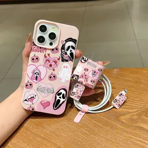 Horror Movie Scream Face Phone Case Set, Includes Charger Cover & Cable Protector, Anti-Drop Protective Tpu Shell for iPhone Models, Accessories, Smartphone