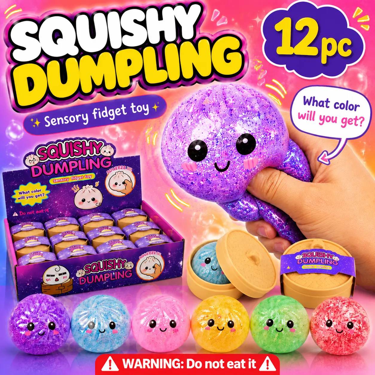 Stress Relief Sparkly Glitter Dumpling Squishy Fidget Toys - 12-Piece Random Assortment Sensory Fidget Squishies Kids Toys Box, Batteries Free, Sparkly Squishies