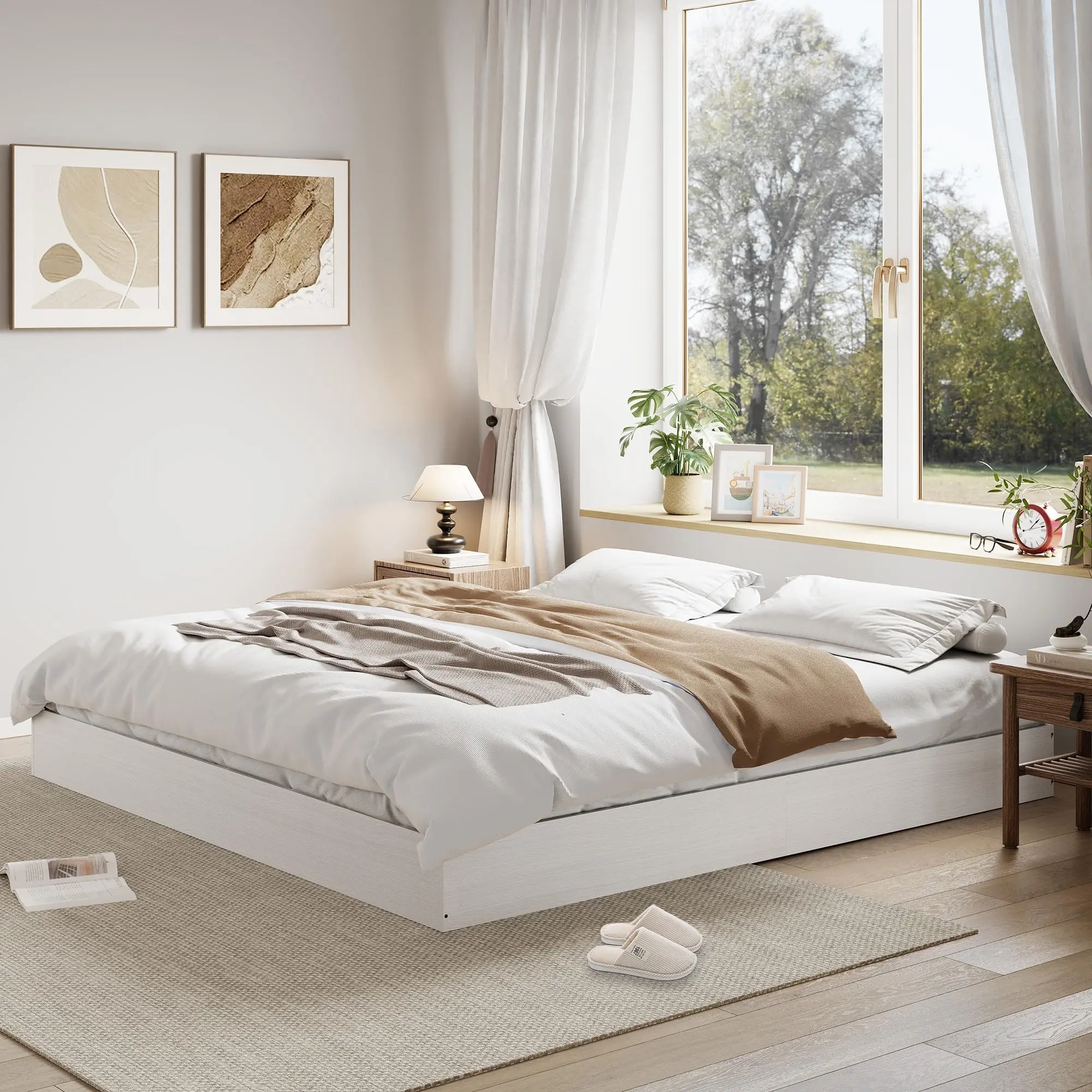 Modern Minimalist Wood Platform Bed Frame, Floor-Standing with Sturdy Wooden Slats, Noise-Free, Space-Saving, Easy Assembly, No Box Spring Needed, Easy Setup