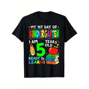 Girls' "My 1st Kindergarten Year" Graphic T-Shirt - Breathable Cotton Knit, Round Neck, Short Sleeve Top with Fun Educational Design, Perfect for Back to School, Summer Casual Wear, Youngsters Clothing | Playful Design | Comfortable Fit