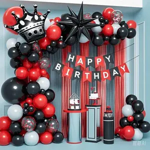 Elegant Birthday Party Decorations Set, Red Black White Foil Balloons with Happy Birthday Banner, Fringe Curtains for 16th 18th 21st 24th 32nd 40th 50th 60th Milestone Celebrations, Reusable and Durable, Perfect for Men's Adult Birthday Party Supplies
