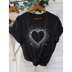 2026 New 100% Premium Cotton Sustainable [Cotton T-Shirt] Cotton Women's White T-Shirt | Round Neck Short Sleeve Casual Top with Black Heart Dot Graphic Print - Breathable Comfort | Minimalist Design | Soft Fabric for SummerUnisex Boxy Fit Heavyweight Tee