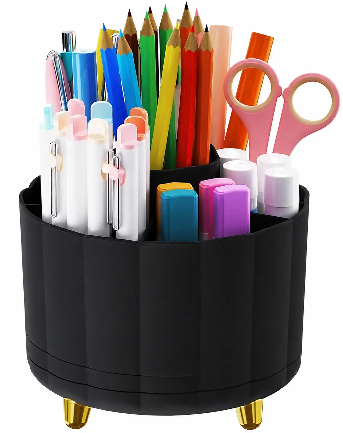 360 Degree Rotating Pen Holder for Desk, 6 Slots Desktop Organizer Caddy for Pens, Pencils, Markers, Multi-Functional Pencil Cup & Office Supplies Holder, Black Pen Stand