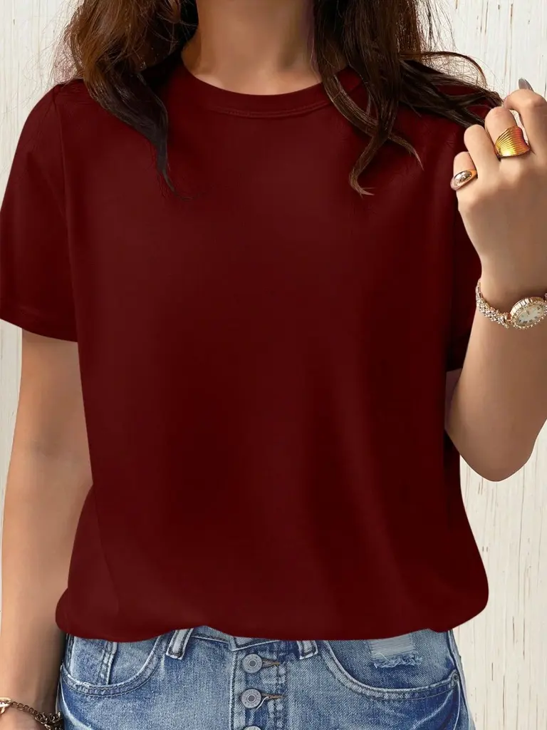 Women's Classic Burgundy Red T-Shirt Heavy Cotton Short Sleeve Crewneck Top