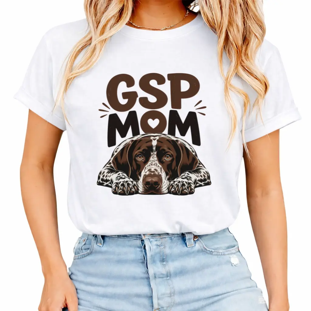 Women's Pointer Dog GSP Mom T-Shirt - Pure Round Neck Short Sleeve Tee with Pointer Puppy & GSP Graphic Print, Casual Daily Wear for Summer Beach Outfits, Vacation Gift Suitable for, Machine Washable