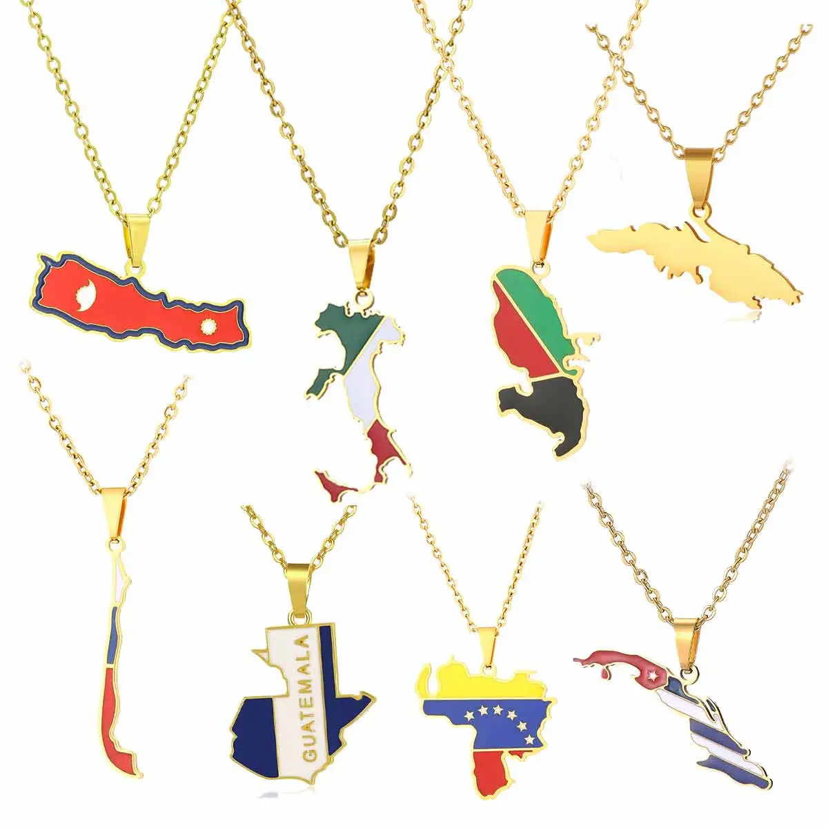 Country's Flag & Map Golden Silver-Colour World Maps Pendant Necklace Stainless Steel Fashion Jewelry For Women and Men，National Flags, Unique Gifts f