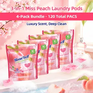 BloomWell Miss Peach 3-in-1 Laundry Pods, 30 Pcs/Bag, 1 Bag/4 Bags/8 Bags, Fresh Peach Scent Detergent Pods, Long-Lasting Fragrance, Luxury Fragrance, Stain Removal, Deep Cleaning, HE Compatible