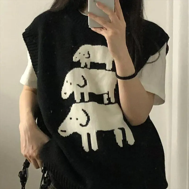 2025 Japanese Fashion Sweet Jumpers Preppy Kawaii Cute Grunge Women Sweater Vest Loose Y2k Aesthetic Sleeveless Knitted Tanks
