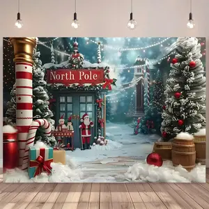 Winter Wonderland North Pole Christmas Village Backdrop 1pc Vinyl 5x3FT-5x7FT Snow Scene with North Pole Sign Santa & Festive Decorations for Festive Occasions