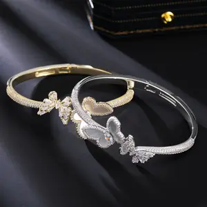 Elegant Double Butterfly Open Cuff Bangle for Women, Dainty Mother of Pearl & Sparkling Accent Butterfly Bracelet, Luxury Statement Jewelry for Wedding, Party, Prom, Perfect Gift for Girlfriend, Birthday, Valentine's Day,Trending Fairy Aesthetic Accessory