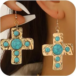 Trendy Chunky   Turquoise Drop Dangly Earrings for Women Bold Western  Thick Hammered  Crosses Beads Earring  Faith