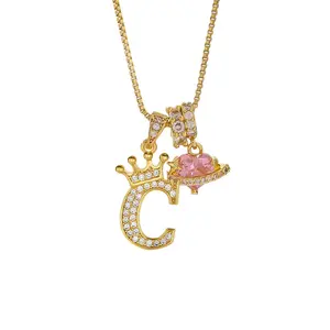 A-Z Letters Necklace Heart Crown Necklace for Men Women 14K Gold Plated Letters Pendants 18'' inch Hip Hop Alphabet Name Jewelry Mom Gifts