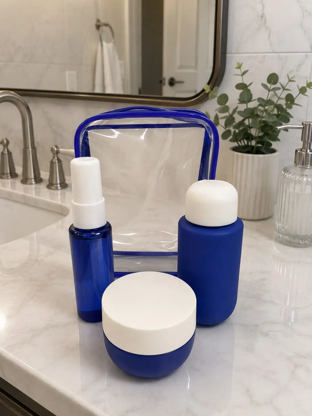 Blue Travel Essentials Set - Includes Spray Bottle, Jar, and Container for On-the-Go Use