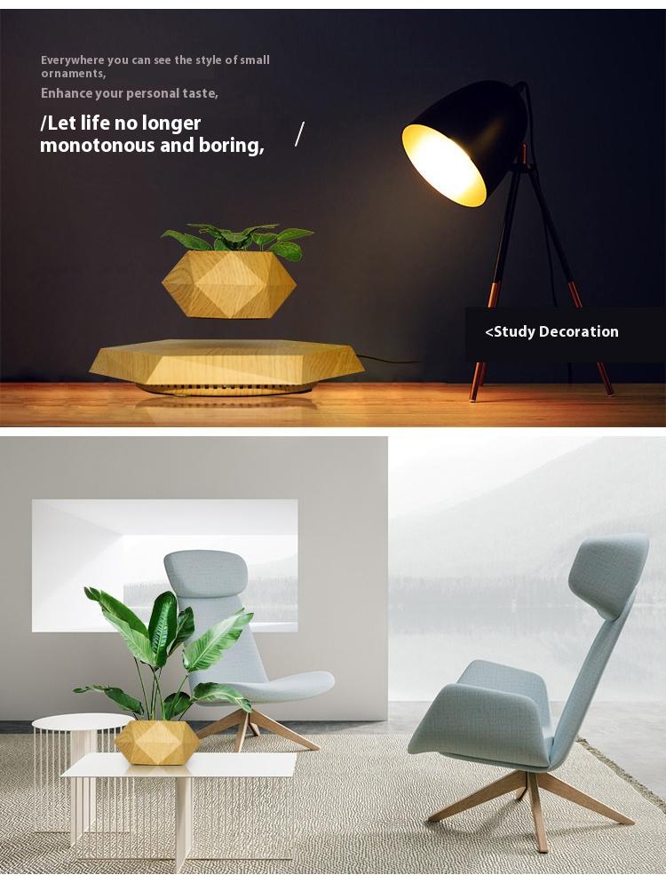 Cool Magnetic Levitating Plant Pot, 360° Rotating Floating Flower Pot with Wooden Texture Base, Unique Home & Office Desk Accessory