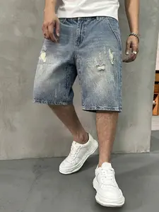 Summer Bestseller Loose Straight-Leg Denim Shorts | Non-Elastic Embroidered Washed Fringed Capris | Y2K Retro Street Style Casual Aesthetic Hot Search Same Model | Distressed Craftsmanship Trendy Men's Street-Styling Must-Have