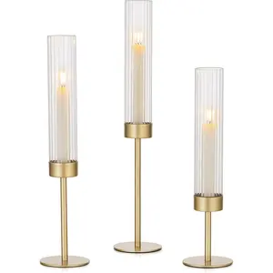 Hurricane Candle Holders: Brass Candlestick Holders Set of 3 Tall Taper Candle Holders for Candlesticks Candle Sticks Holder Decor for Table Centerpiece Wedding Party Christmas Decorations