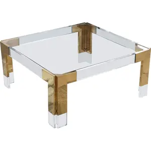 Contemporary Glass Top Coffee Table with Sturdy Stainless Steel and Acrylic Base, 36" W x 36" D x 16.5" H, Gold