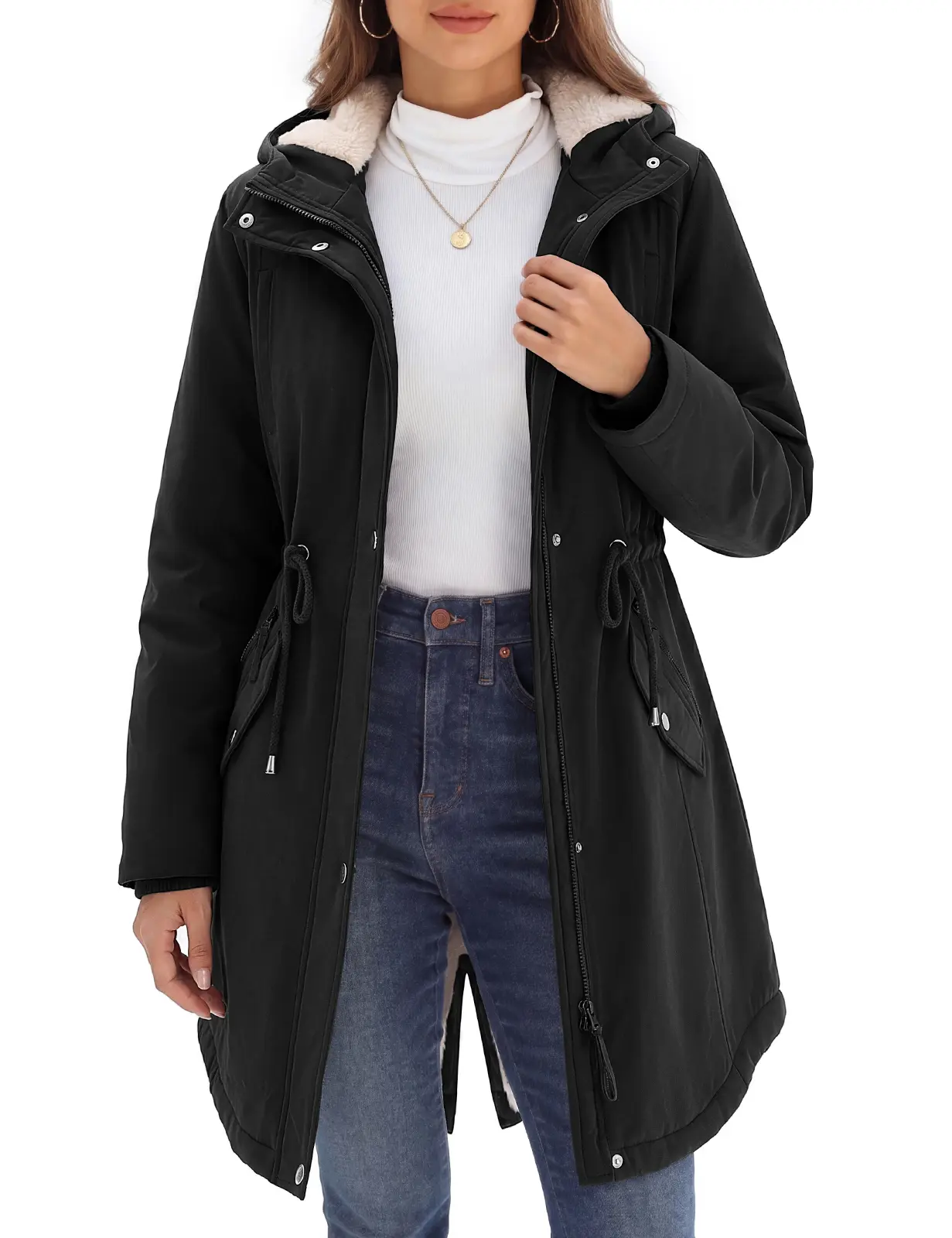 FASHORA Women's Fleece Thick Waterproof Rain Jacket - Hooded, Lightweight, Pocketed Womenswear Top for Hiking, Travel (Fall, Winter) #outdoorfun, Tops Trench Coats Basic Black Outerwear Casual