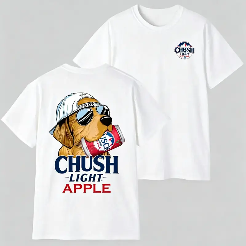 Vintage CHUSH Apple  T-Shirt, Retro Golden Retriever  Graphic Tee, Ash Grey Summer Outdoors Shirt, Cool Puppy Wearing Sunglasses Busch Tshirt, Funny  Lover  Gift 2026 dog beer