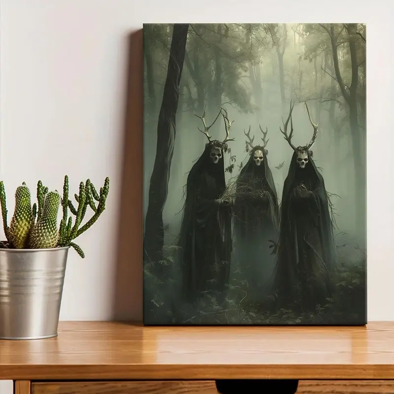Forest and Skull Pattern Canvas Painting with Frame, 1 Count Gothic Occult Skull Art Photography Wall Art, Vintage Wall Art, Canvas Pictures, Wall Decor for Home Living Room Bedroom, Halloween