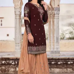 INDIAN BROWN FAUX GEORGETTE EMBROIDERY STITCHED L SHARARA SUIT.
