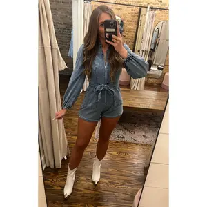 Front Zip Washed Denim Romper Denim