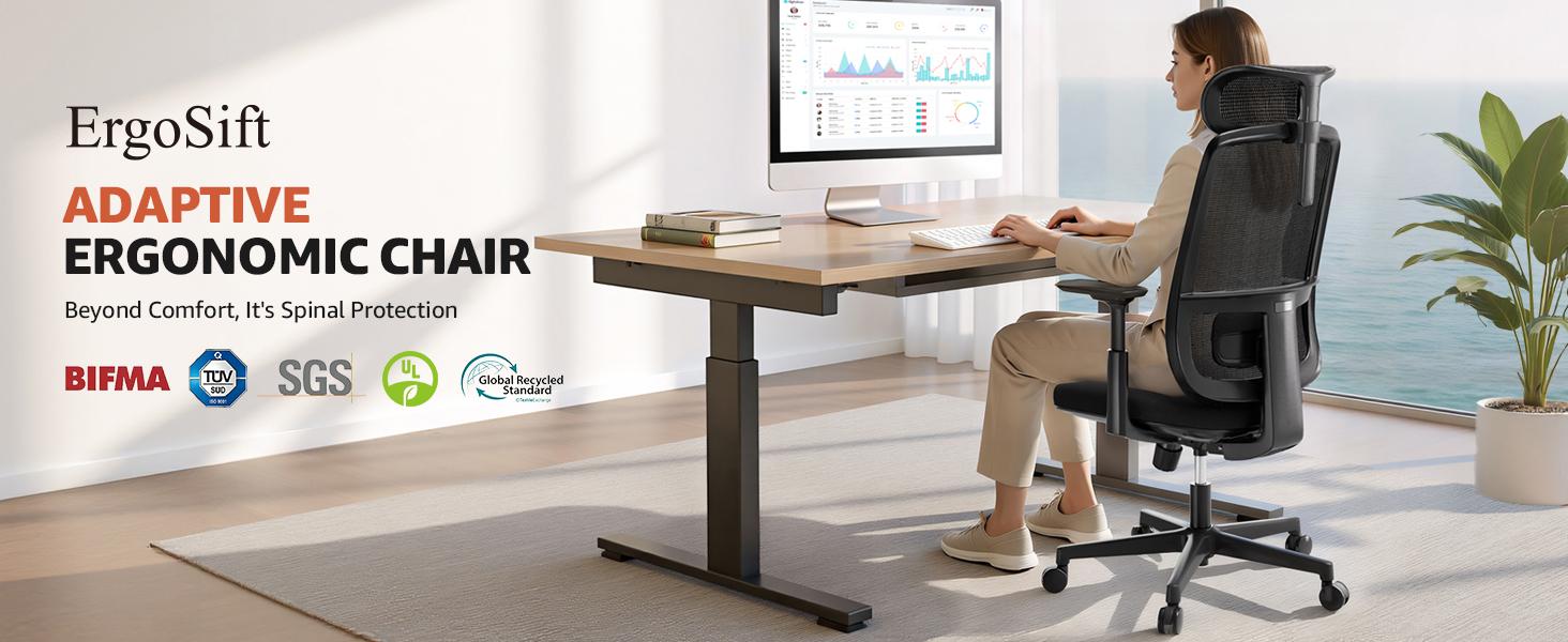 ErgoSift M1 Ergonomic Mesh Office Chair - Black Mesh, PU Leather, Plastic & Stainless Steel Parts, Adjustable Headrest, 3D Armrests, Lumbar Support, Seat Slide, 330 lb Capacity, Good Posture, Durable, Assembly Required, Home Office Use
