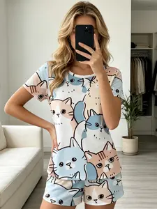 Style Sweet Cartoon Cat Print Women's Short Sleeve Pajama Set, Soft Comfortable Breathable Elastic Sleepwear, All Ages and Sizes