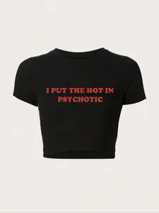 Women's Slogan Print Round Neck Crop Tee, Streetwear Casual Short Sleeve Crew Neck T-shirt for Summer, Cute Summer Tops, Ladies Clothes for Daily Wear, 90s Clothes, Graphic Print Top, Fashion Tops