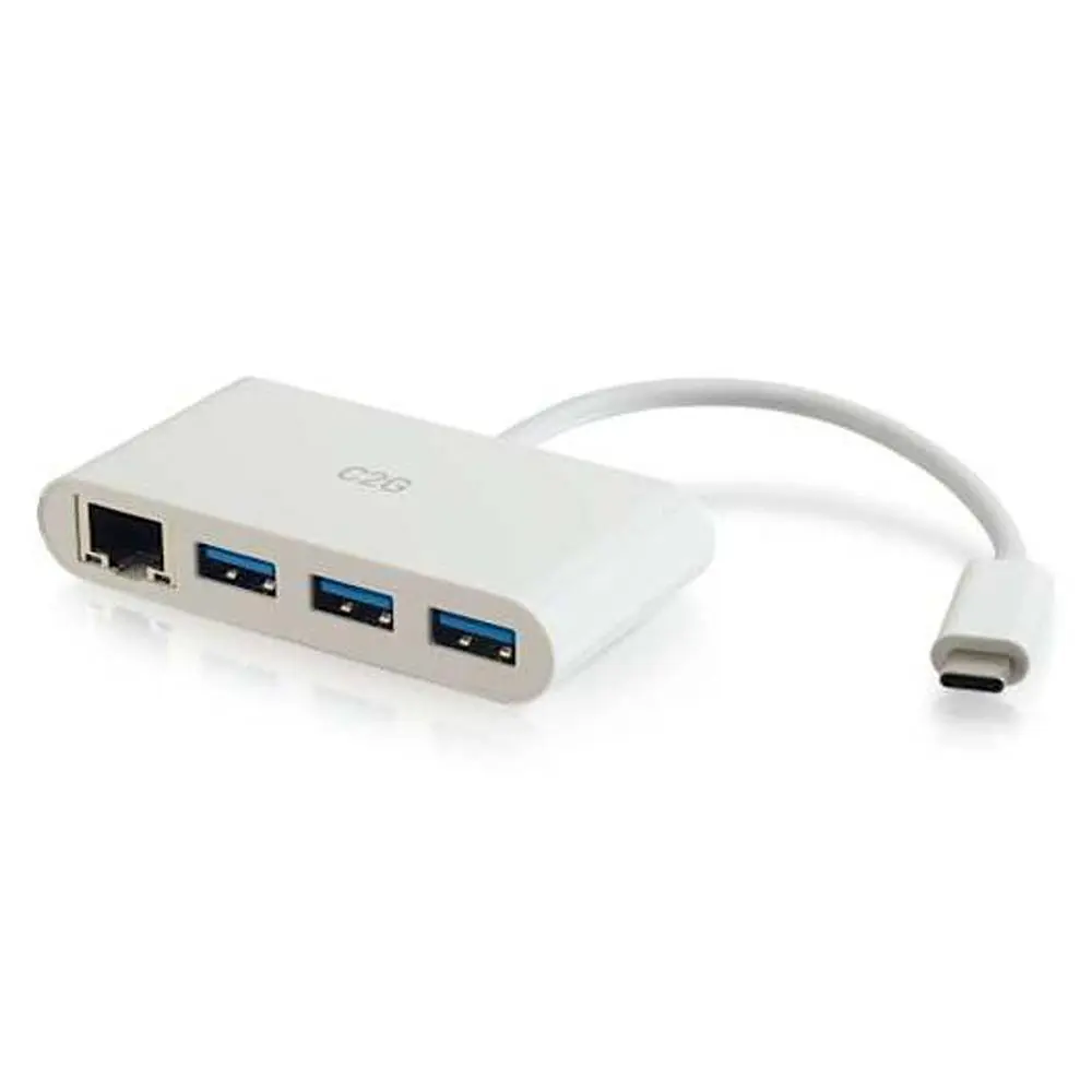 C2G USB-C to Ethernet Adapter with 3-Port USB Hub, Ethernet Port - White
