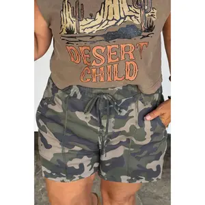 Green Tie Elastic Waist Pocketed Plus Size Camo Shorts