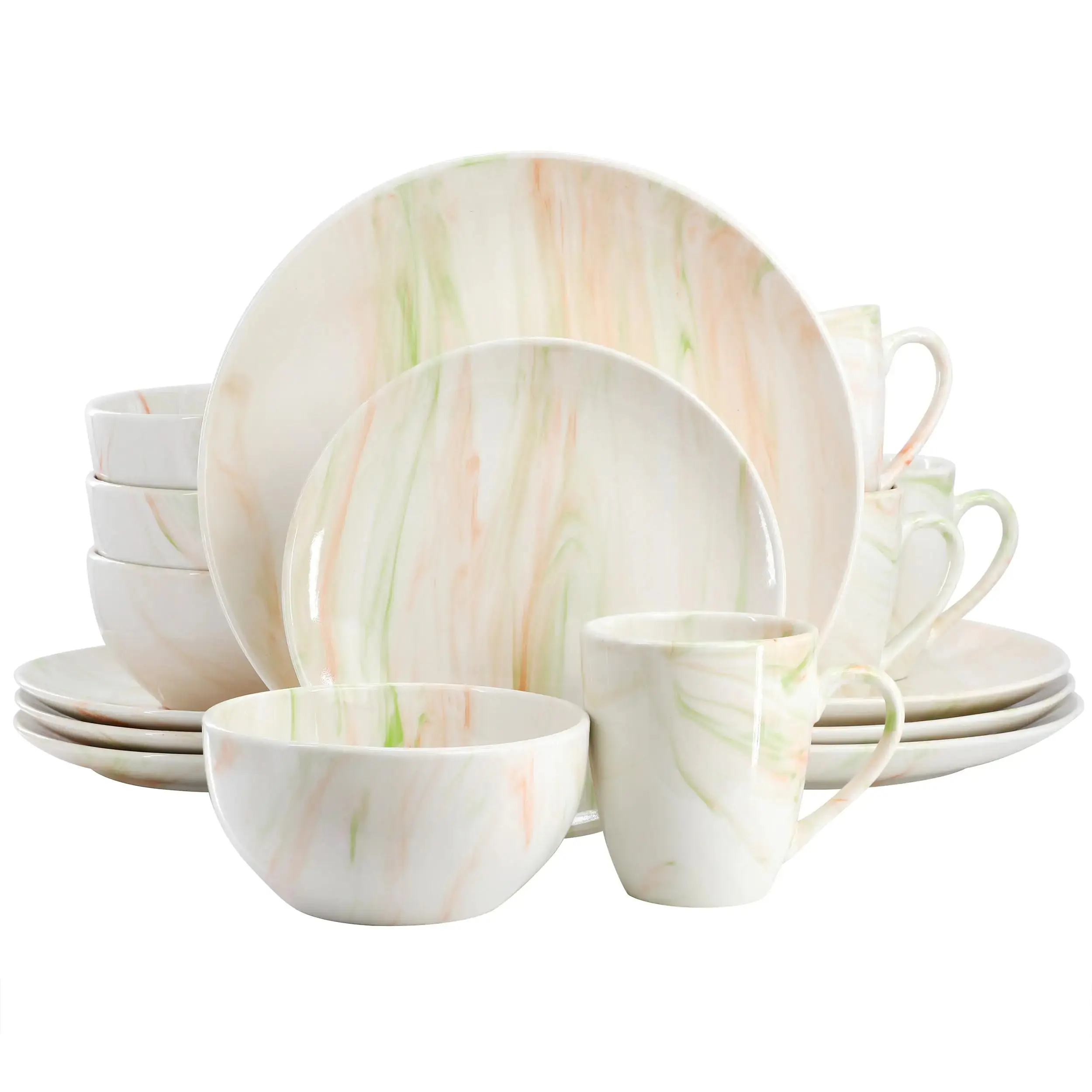 Elama Fine Marble 16 Piece Porcelain Dinnerware Set Tableware Set Everyday Dining Service for 4 OrangeGreen