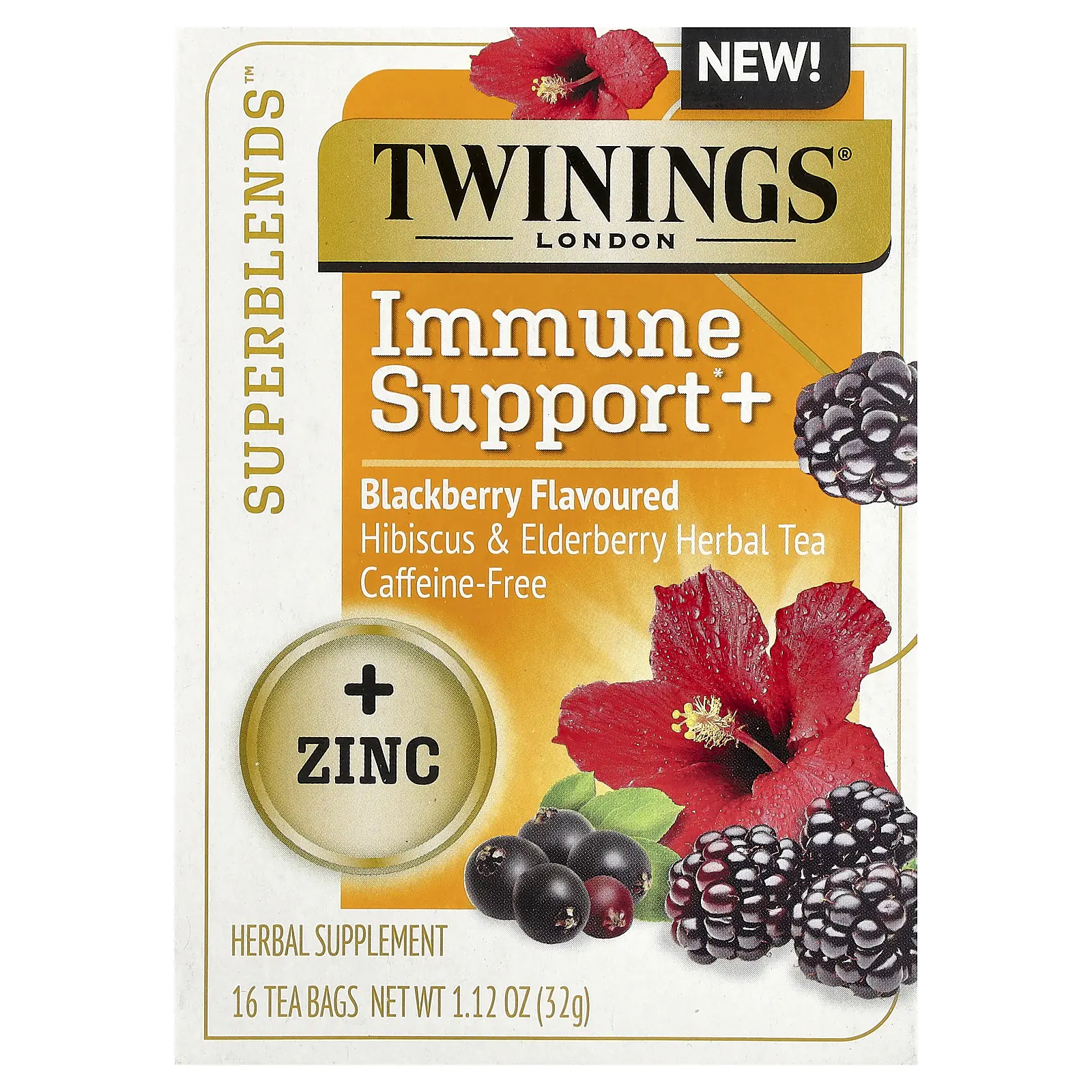 Twinings Superblends™, Immune Support+ Hibiscus & Elderberry Herbal Tea, Blackberry, Caffeine-Free, 16 Tea Bags, 1.12 oz (32 g)
