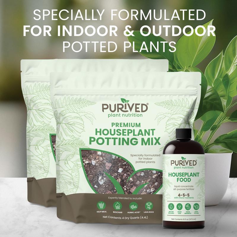 Purived Essential Plant Care PLUS 2 (4 Quart) Bags of our Premium Houseplant Potting Mix with 1 16oz Bottle Purived Houseplant Food