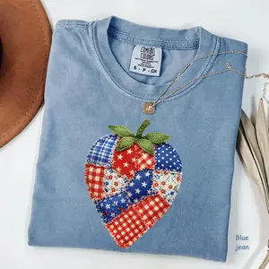 Comfort Colors Faux Quilted Strawberry 4th Of July T-Shirt, Patriotic Patchwork Strawberry Tee, Summer Vibes T-Shirt, Women Top, For Woman