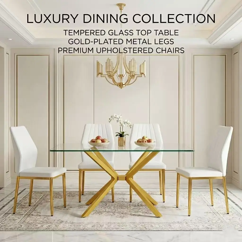 47.24-in Rectangle Tempered Glass Dining Table - Modern Sleek Low-Maintenance Kitchen Table with Sturdy Metal Legs, Adjustable Leveling Ft for Family Meals, Home Decoration (Indoor Furniture)