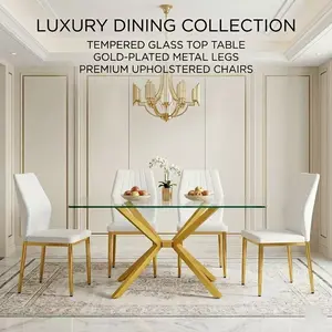 47.24-in Rectangle Tempered Glass Dining Table - Modern Sleek Low-Maintenance Kitchen Table with Sturdy Metal Legs, Adjustable Leveling Ft for Family Meals, Home Decoration (Indoor Furniture)