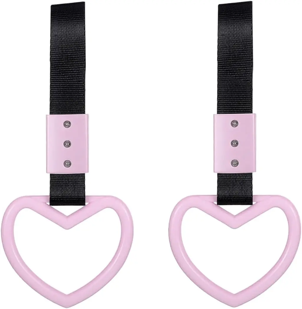 2PCS Heart-Shaped Car Handle Straps, Auto GRAP Handle Warning Pull Ring, Heart Decor for Car, SUV, Subway, Bus