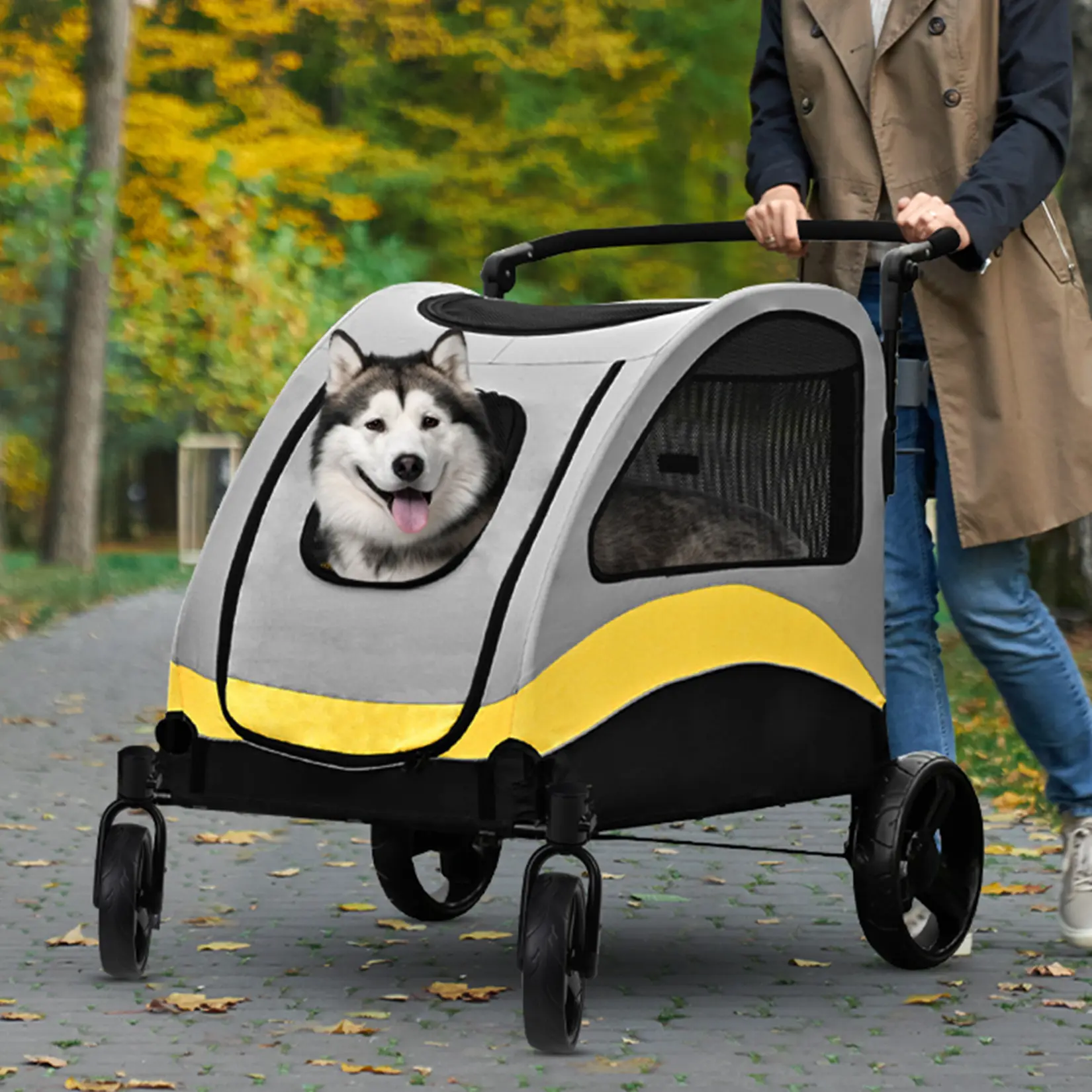 Bingopaw XL 4-Wheel Portable Foldable Dog Stroller - Zipper-Closed, Fabric-Built with Breathable Mesh, Plastic Components, Brakes, Outdoor Travel Carrier for Large Dogs, Adjustable Safety Harness, Parks, Metal