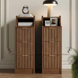 Oxirth 7.9" Narrow Nightstand Set of 2, 23.6" Tall Fluted Bedside Table with 3 Drawers, Wooden Slim Side End Table, Mid Century Modern Night Stand for Bedroom Living Room Sofa Office