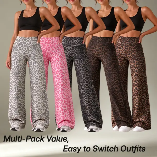 High-waisted wide-leg yoga pants with multicolored leopard print, soft, skin-friendly, stretchy, slimming, suitable for everyday wear