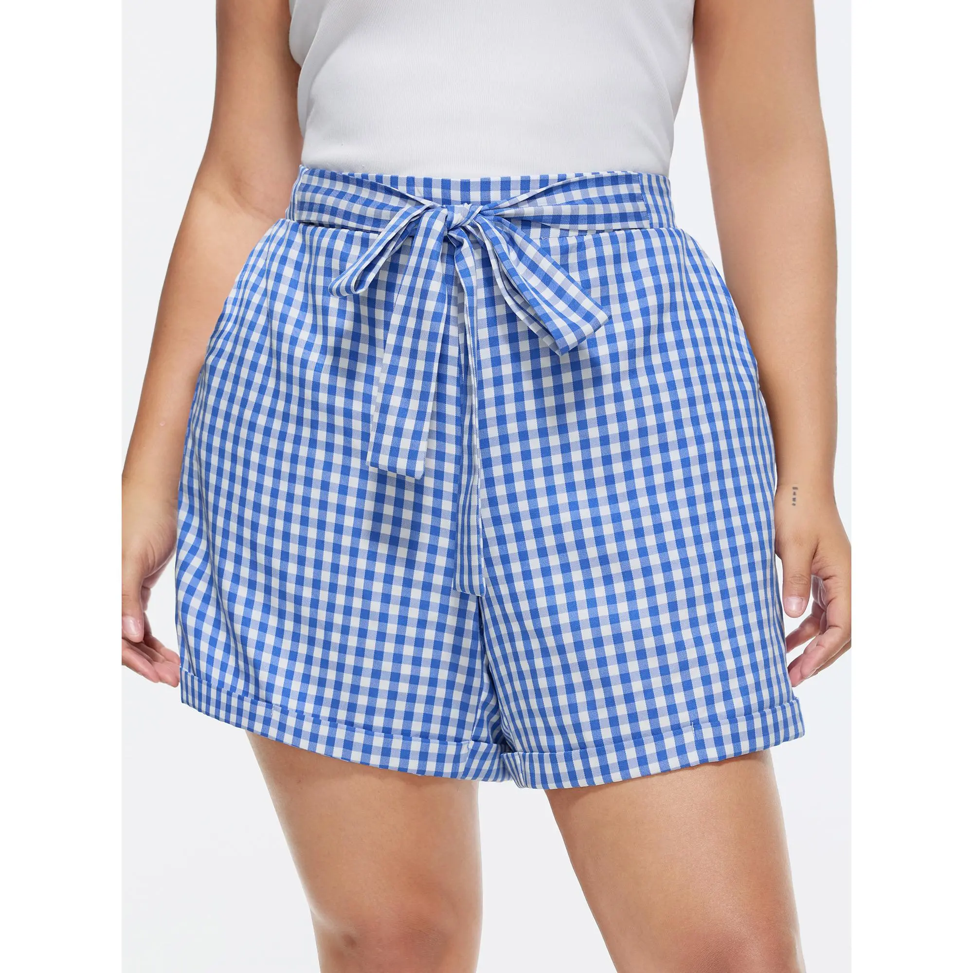 BLOOMCHIC Women's Plus Size Plaid Print Bow-Tie Waist Smocked Polyester Shorts,M-6X Bottoms for Clothes,summerwins,beachoutfits,Summerfinds