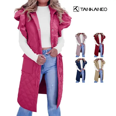Tankaneo Womens Long Puffer Vests Fashion Ruffle Sleeve Quilted Gilet Coats Winter Hooded Down Jacket Vest