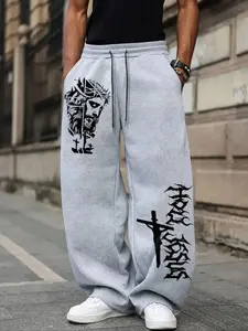 Women's Oversized Baggy Fleece Joggers Pants, Baggy Jogging Pants - Gothic Jesus Crucifix Graphic Streetwear | High Waisted Drawstring Side Pockets | Y2K Grunge E-Girl Comfy Casual Outfit | Aesthetic Streetwear Bottoms