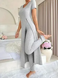 Two-pieceSet?Women'sSolidSplitOutfitsSet,ElegantCasualCozyLonglineTop&PantsforDailyOutdoorWear,LadiesSpring&FallClothes